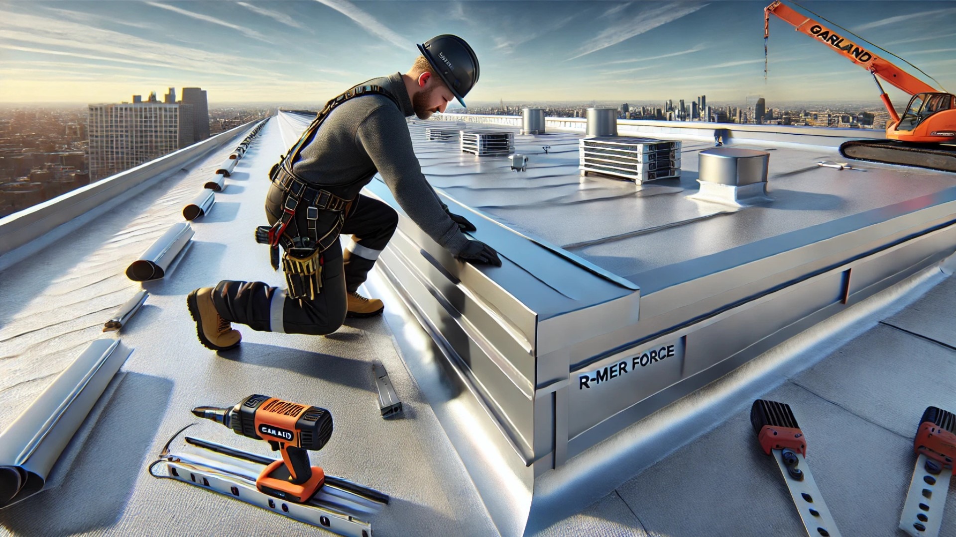 Installer is aligning the R-Mer Force Coping without exposed fasteners, coping fitting cleanly against the parapet, for a crimp-free, watertight installation