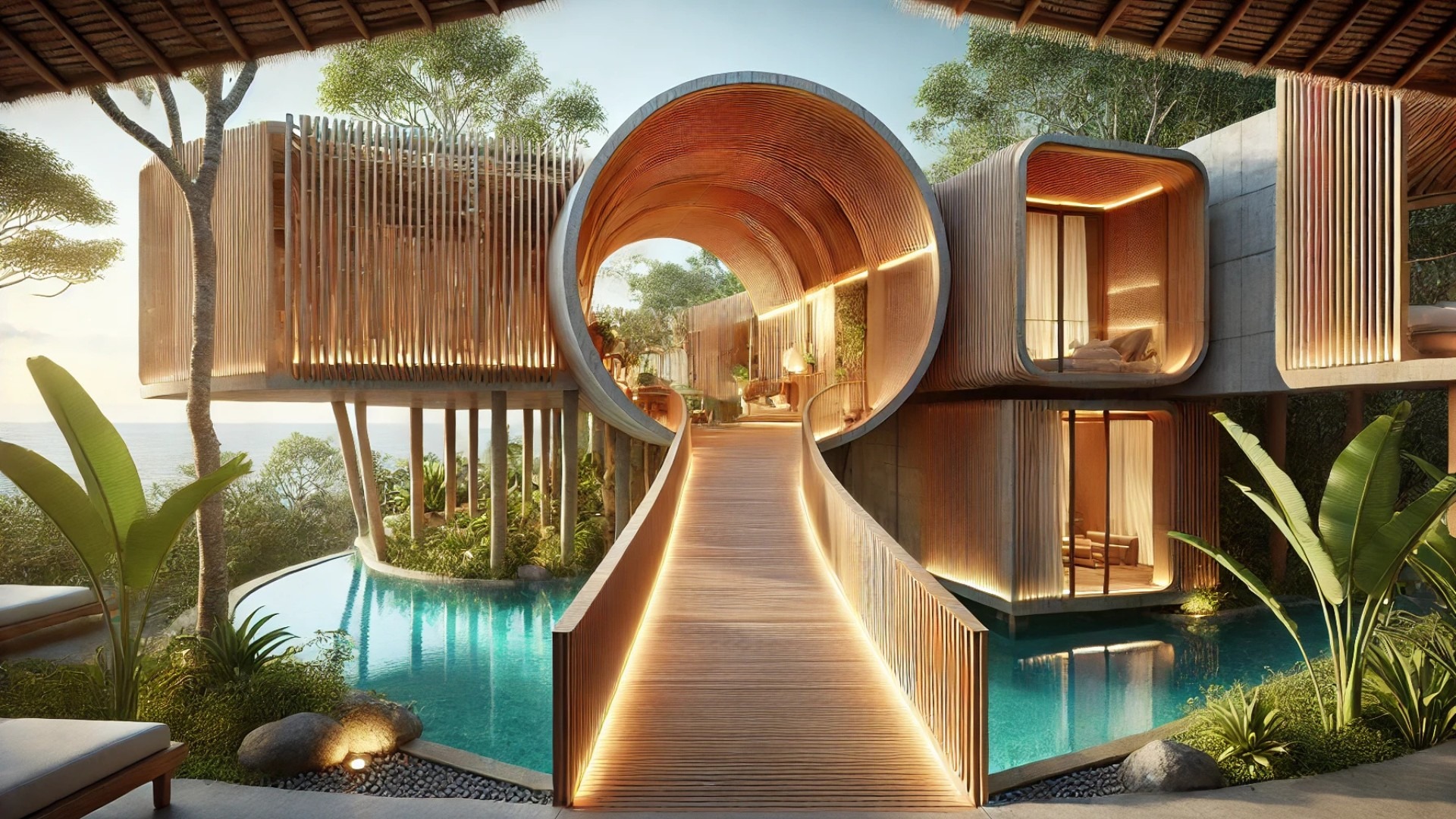 a peaceful, immersive moment as the floating walkway leads you directly to the Pistachio Villa's curved, bamboo-wrapped entryway