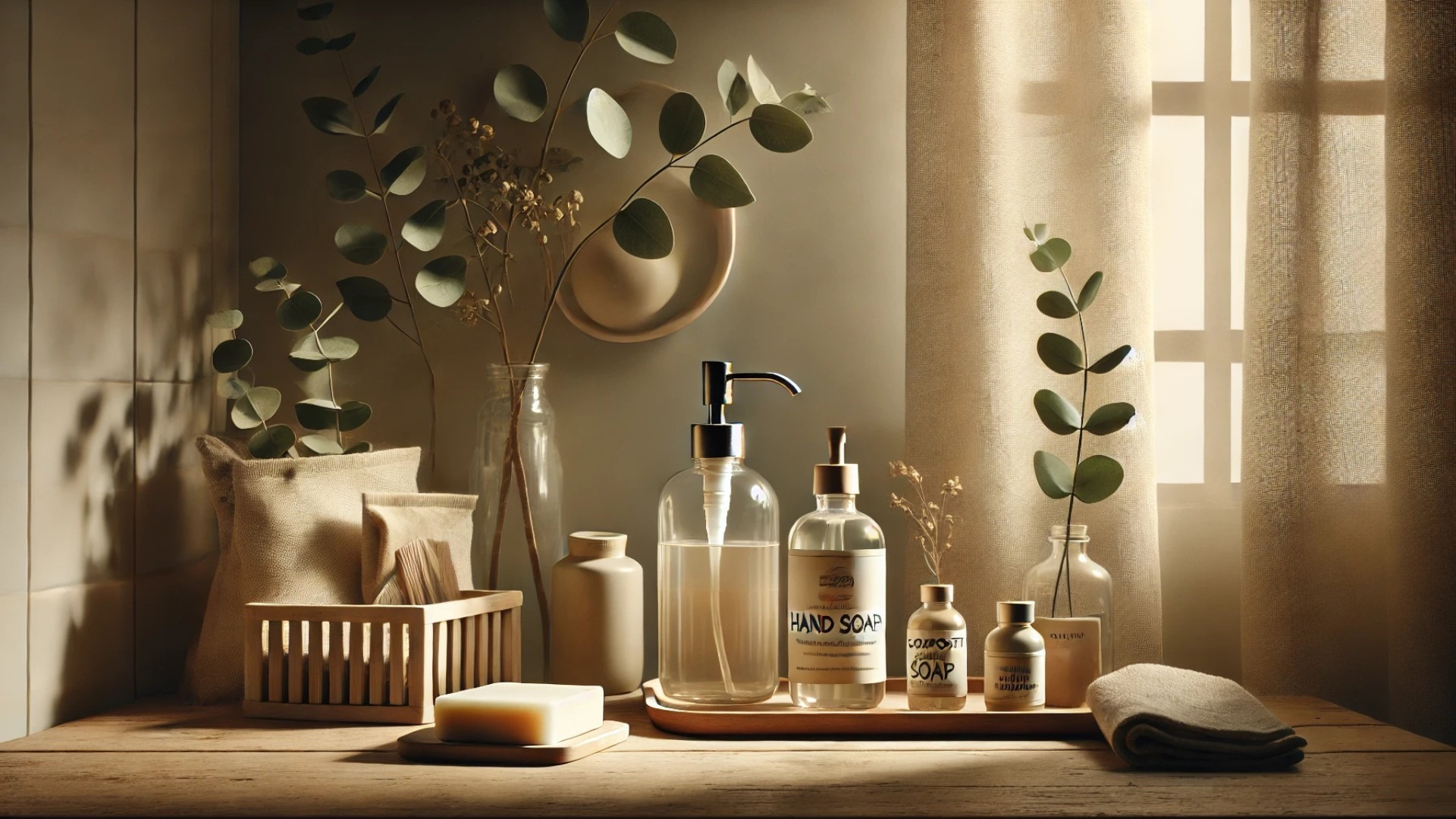 capturing the essence of eco-conscious hand care in a warm, minimalist setting