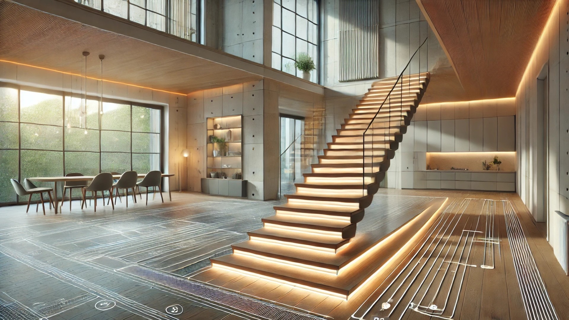 elegant modern interior with key construction upgrades like LED-lit stairs, radiant flooring, and gasket-enhanced efficiency