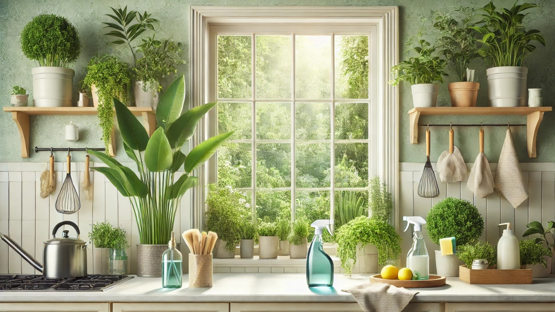 serene greenhouse window scene — lush plants, clean surfaces, and sunlight weaving everything together
