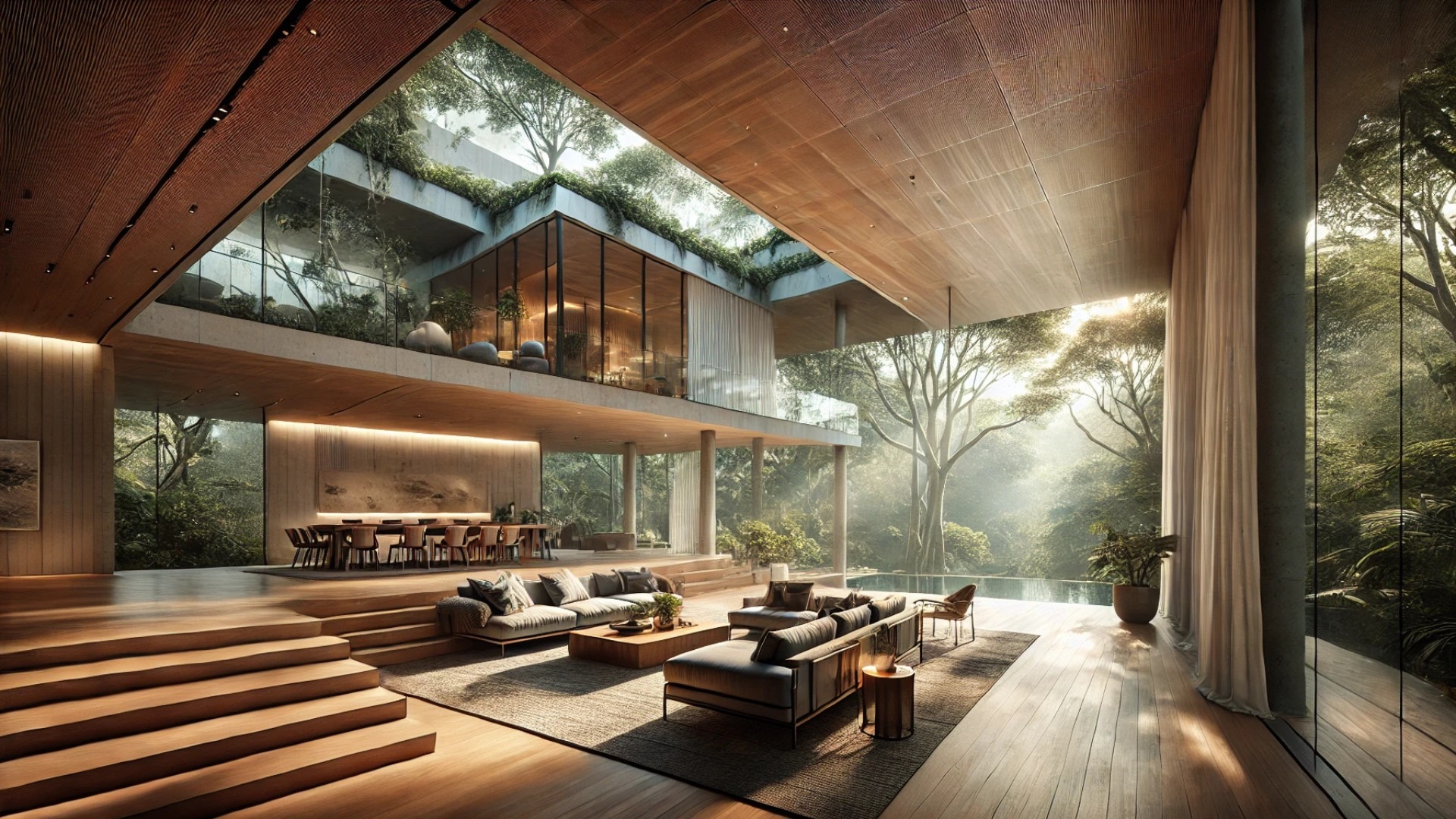 House of Endless Trees — showcasing the stunning double-height living area bathed in natural light and seamlessly connected to the lush greenery outside