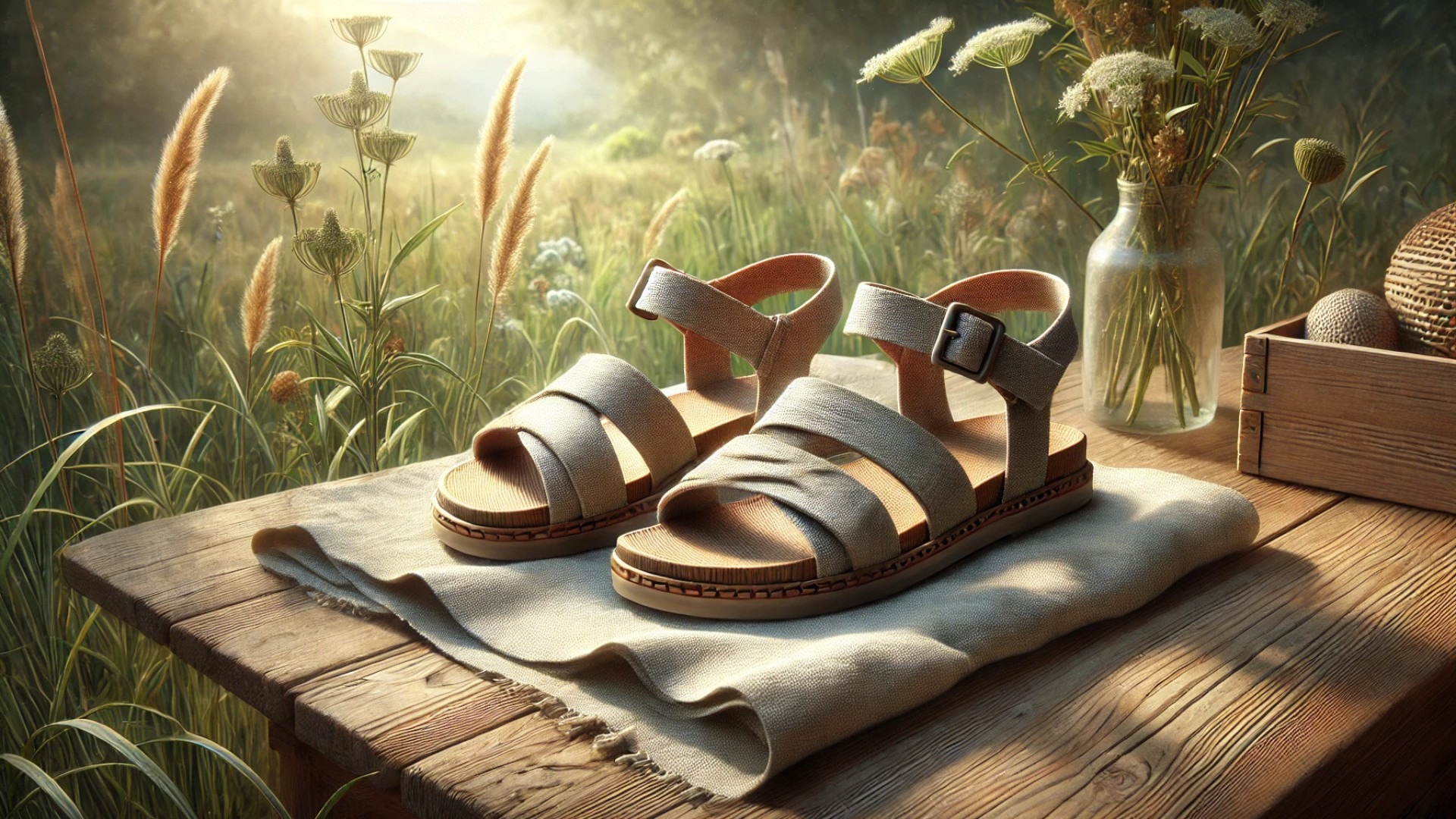 sustainable summer sandals — stylishly displayed in a nature-inspired setting, reflecting their eco-friendly materials and ethical appeal