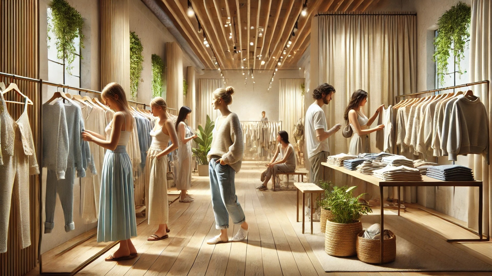 people shopping and trying on eco-friendly fashion in a calm, beautifully designed boutique