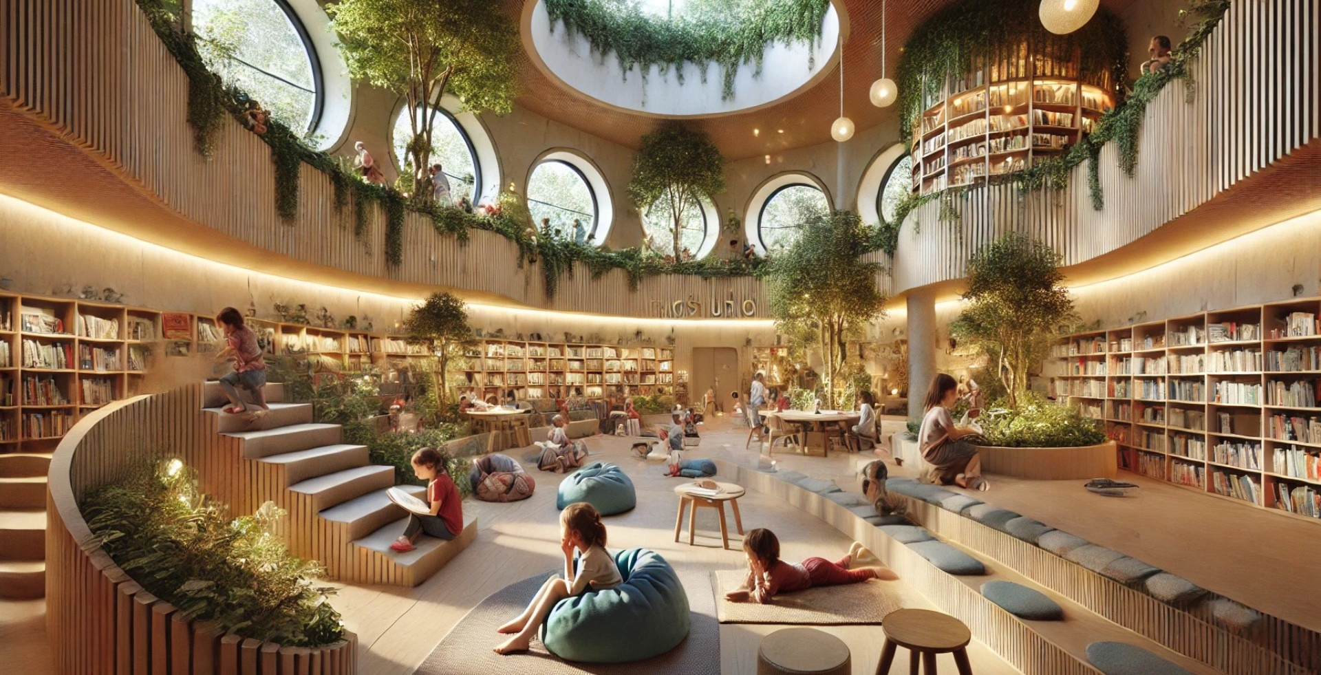 Yellamundie Library’s children’s area — capturing the joyful, imaginative atmosphere with treehouse lounges, indoor greenery, and a cozy storytelling space