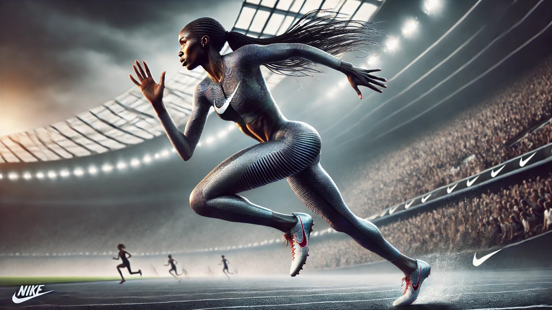Faith Kipyegon capturing the intensity, speed, and cutting-edge NIKE design in a high-stakes competition atmosphere.