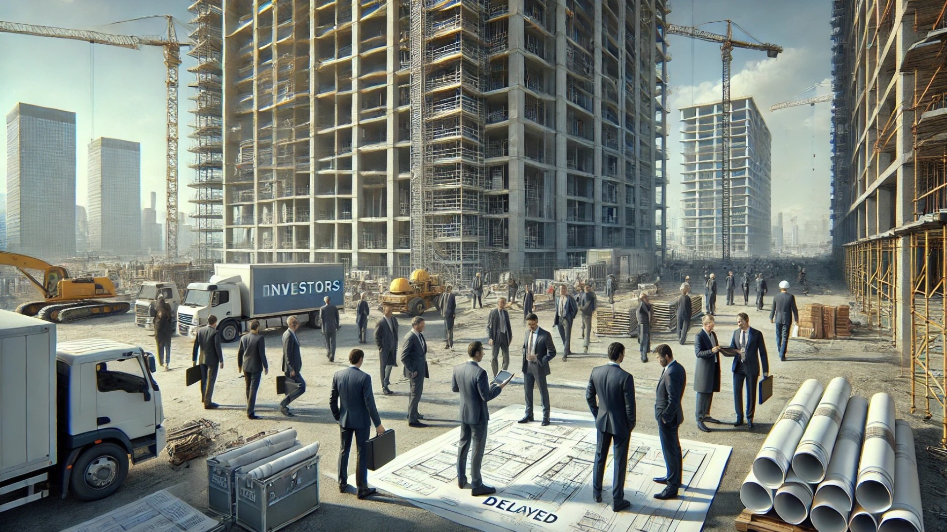 investors and stakeholders visiting a delayed construction site