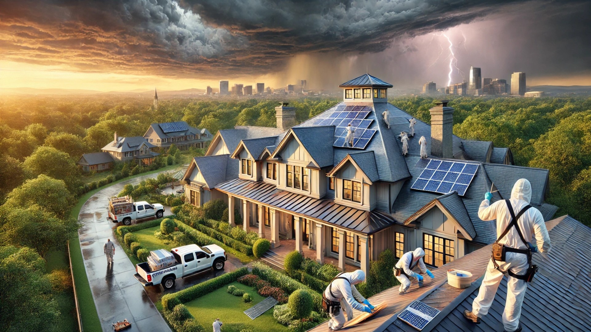 luxury Nashville home undergoing a post-storm roofing inspection