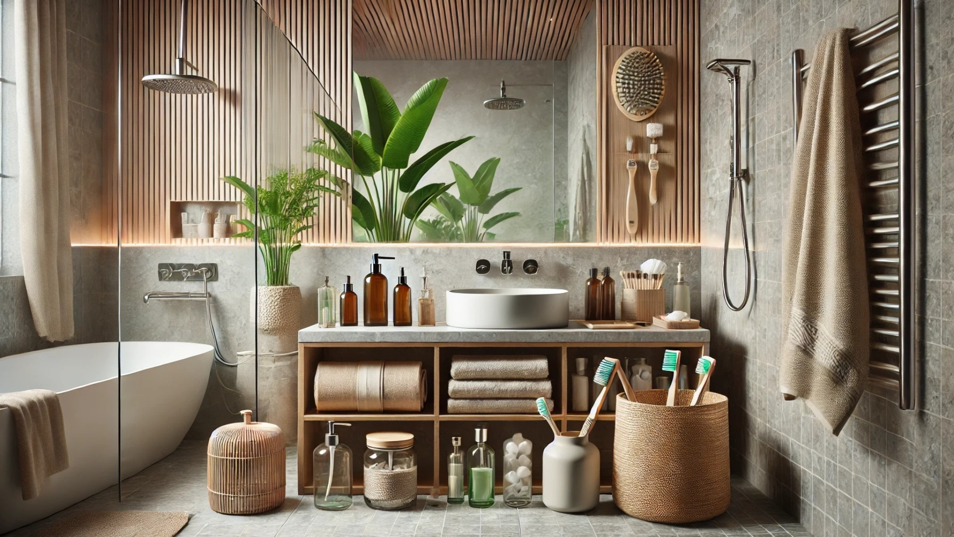 eco-conscious bathroom showcasing reusable, sustainable essentials in a calm, naturally lit setting