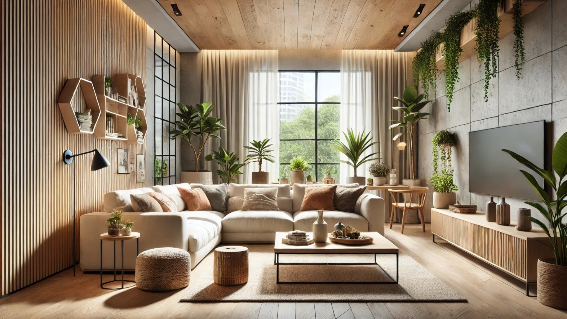 serene, eco-conscious living room featuring sustainable, non-toxic furniture and abundant natural light