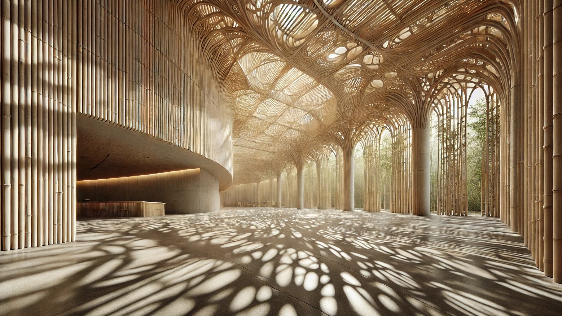 organic light and shadow patterns cast across the microcement flooring inside the "Elements of Nature" office in Hoskote, India
