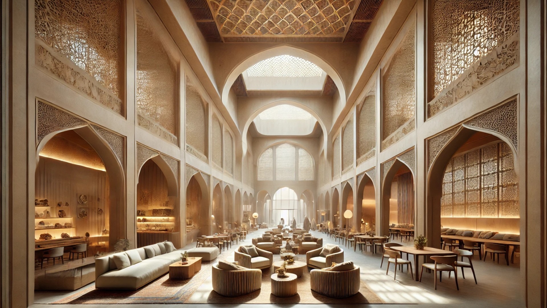 interior views of the Qatar Pavilion, capturing the serene and culturally rich atmosphere envisioned in Lina Ghotmeh's design