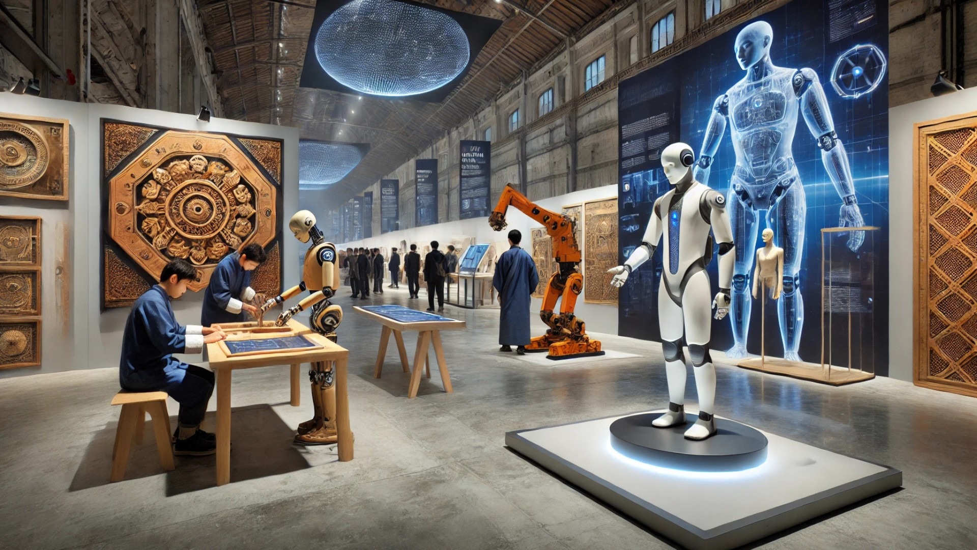 futuristic atmosphere of the Venice Architecture Biennale, with a focus on robotics, AI, and architectural innovation
