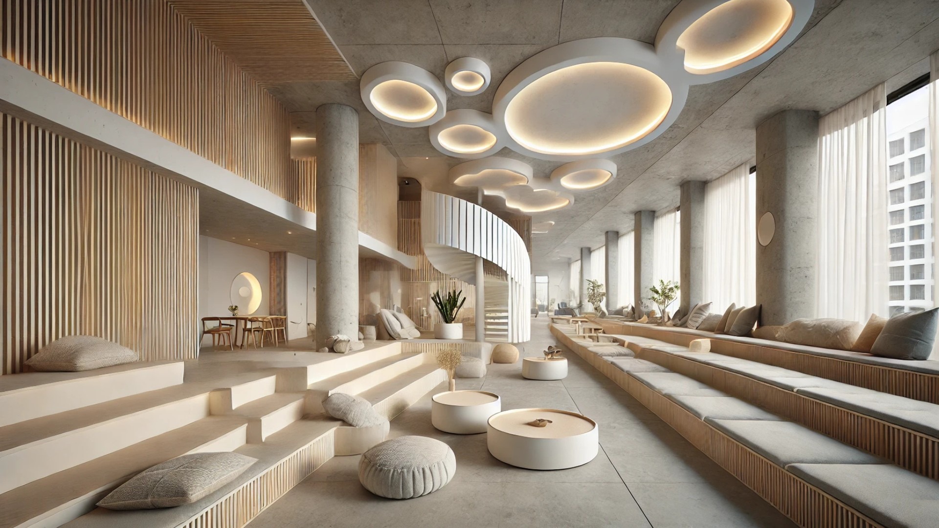 shared lounge area, featuring minimalist furnishings, soft natural light through cloud-shaped windows