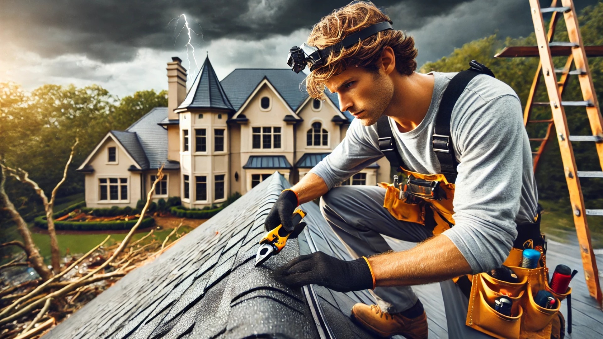 view of a roofing contractor at work in Nolensville, TN. These scenes emphasize hands-on storm damage repair, safety practices, and the durability of modern roofing materials
