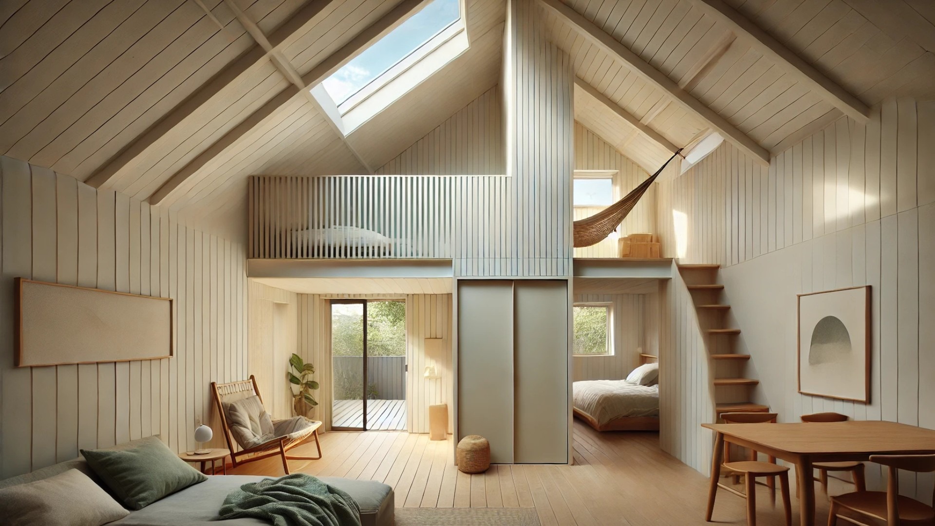 self-contained upper apartment, showing tall skylit ceilings, soft finishes, and the hammock loft integrated into a flexible, open layout