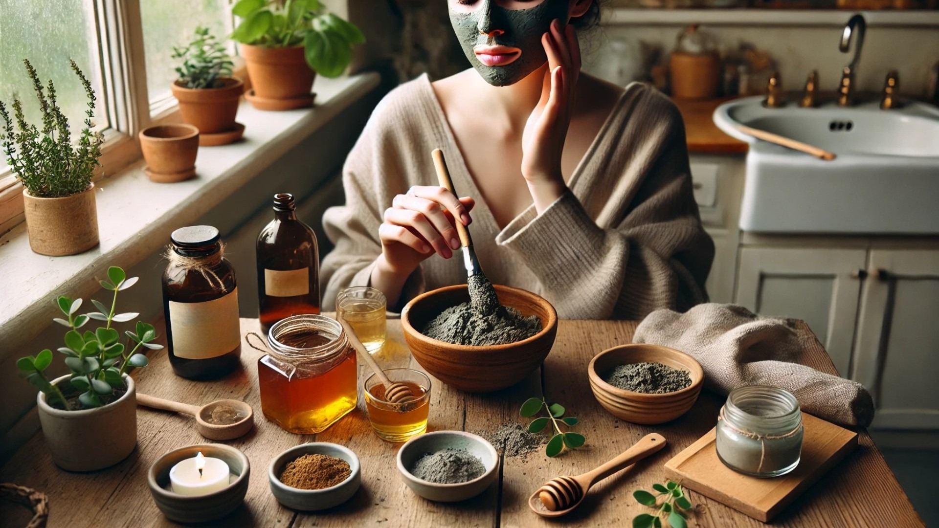 preparing and applying a DIY face mask using bentonite clay, honey, and apple cider vinegar