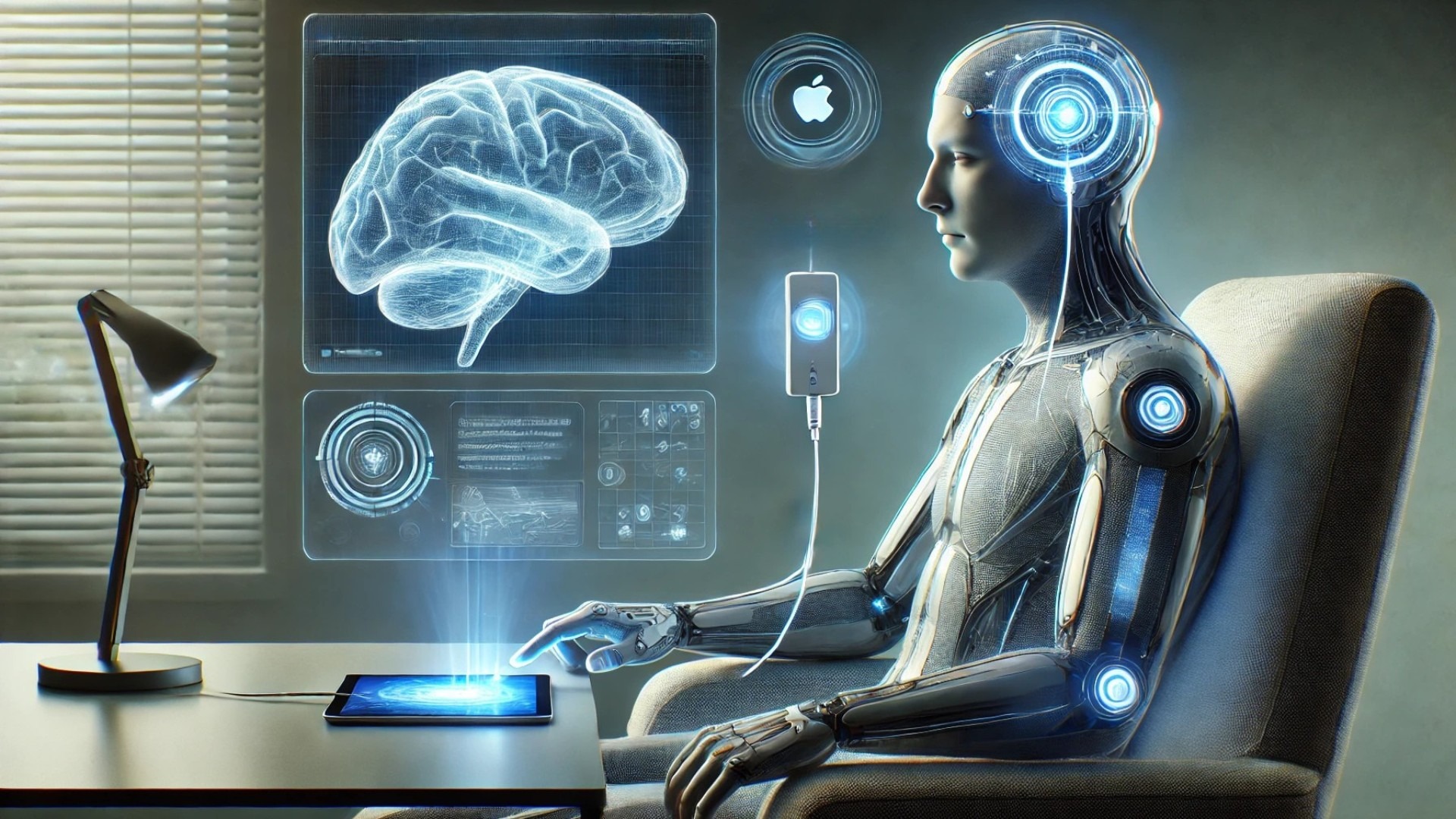 visualizing a person using a brain-computer interface to control an Apple device with their thoughts