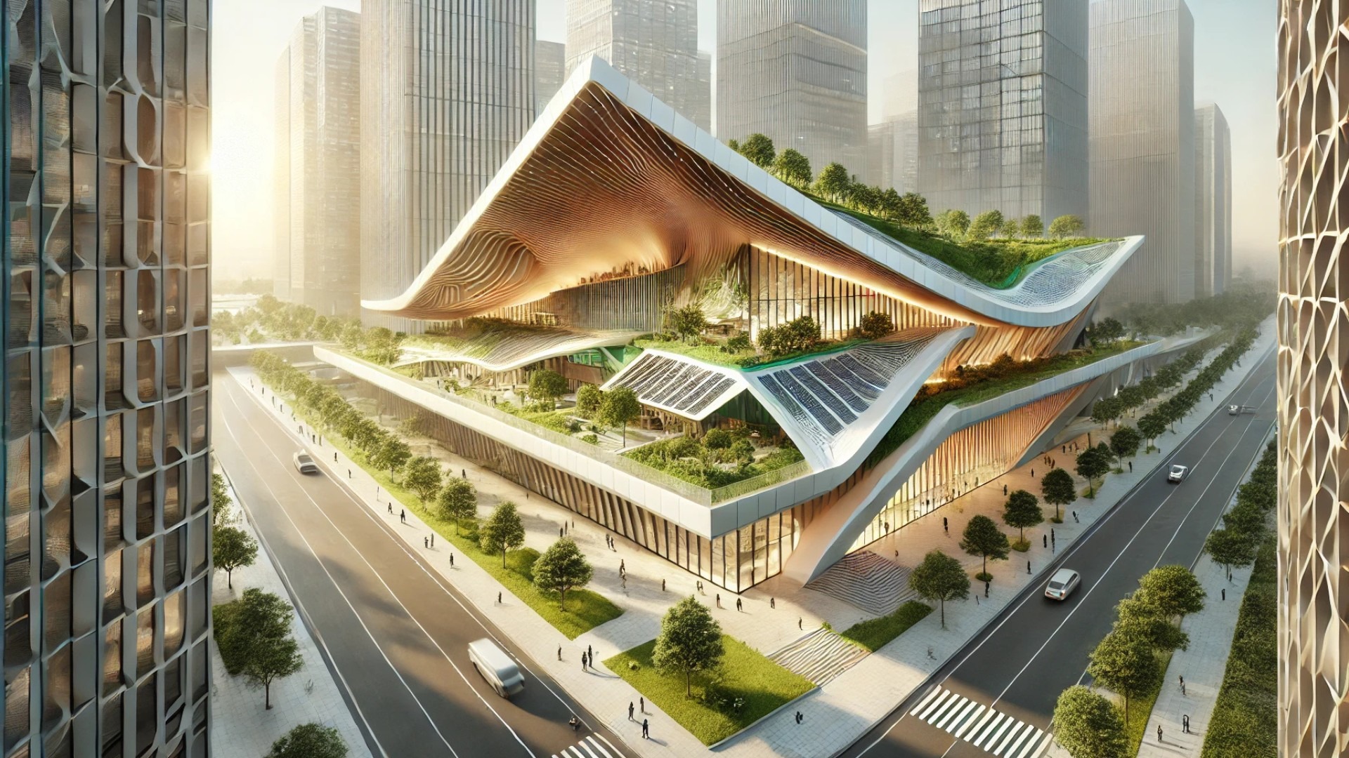 illustration of an award-winning 2024 ATAS Project of the Year, featuring innovative roofing with green elements and solar integration