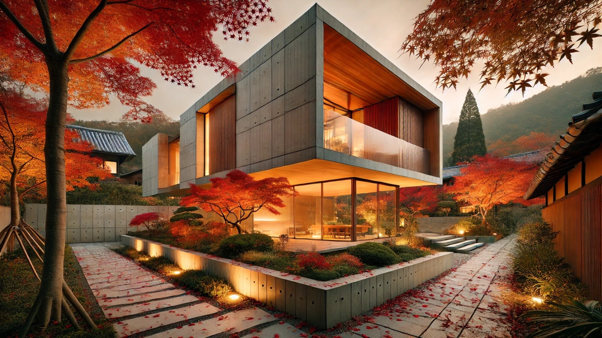 exterior view of the Element House, showcasing its warm architectural forms nestled among vibrant Japanese maple trees and golden foliage