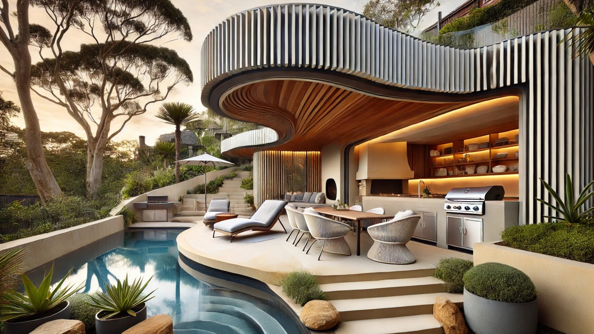 view of the outdoor living area, showcasing the elegant curves, fluted detailing, and lush landscape seamlessly extending the home's interior design