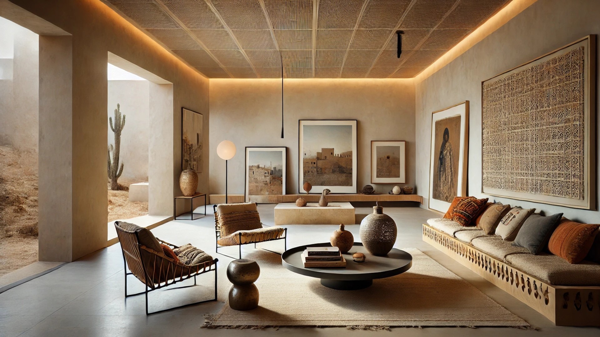 showcasing the curated art and furnishings inside Villa Miro, where contemporary Moroccan artwork and sculptural furniture pieces come together in a refined, minimalist setting