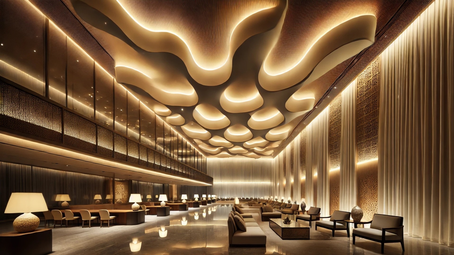 evening view of the embassy’s reception hall, with warm ambient lighting accentuating the sculpted ceiling and natural materials