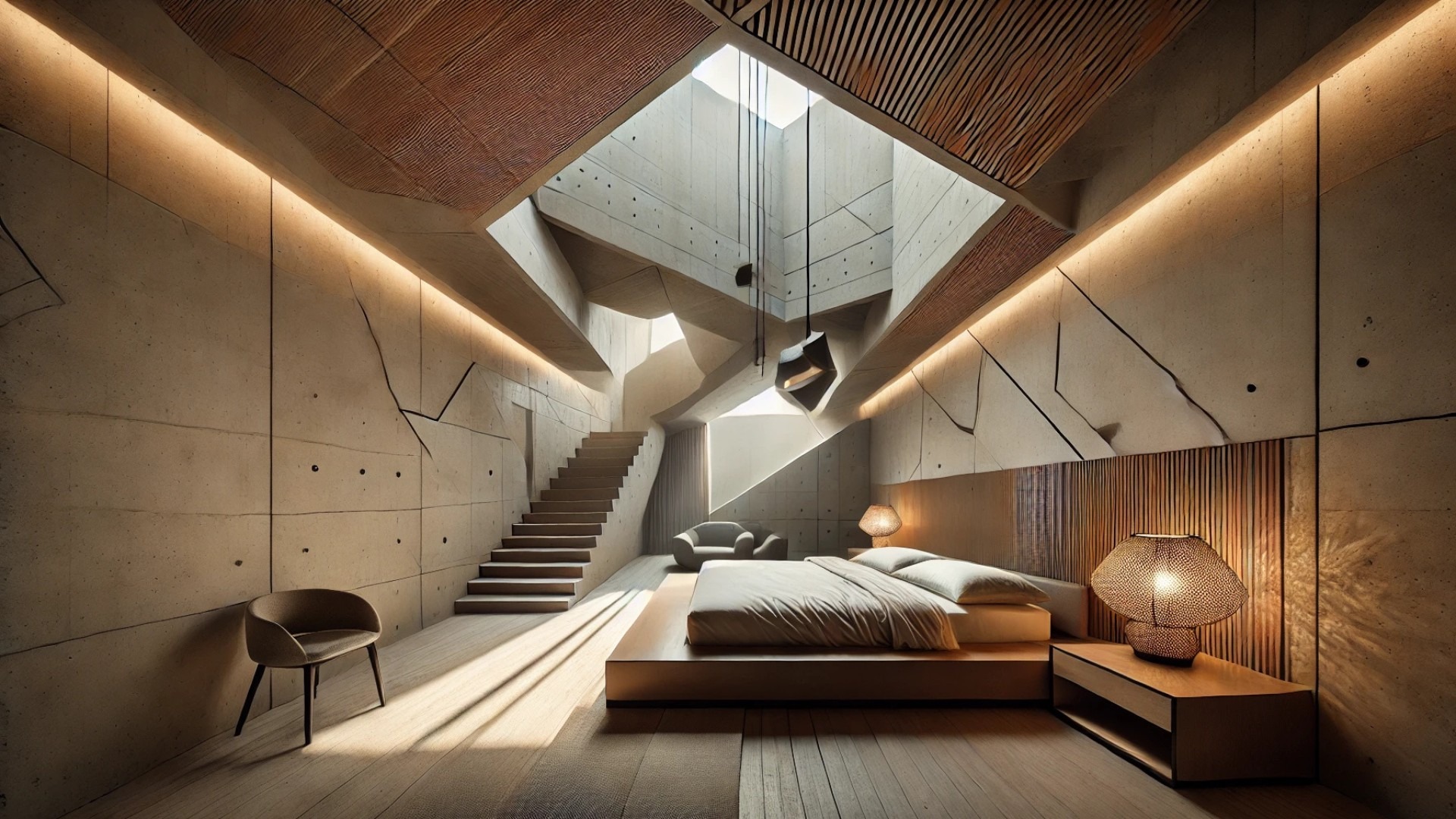 view of the primary suite in Casa Acentuada, showcasing its bold geometries, sculptural furnishings, and expressive lighting