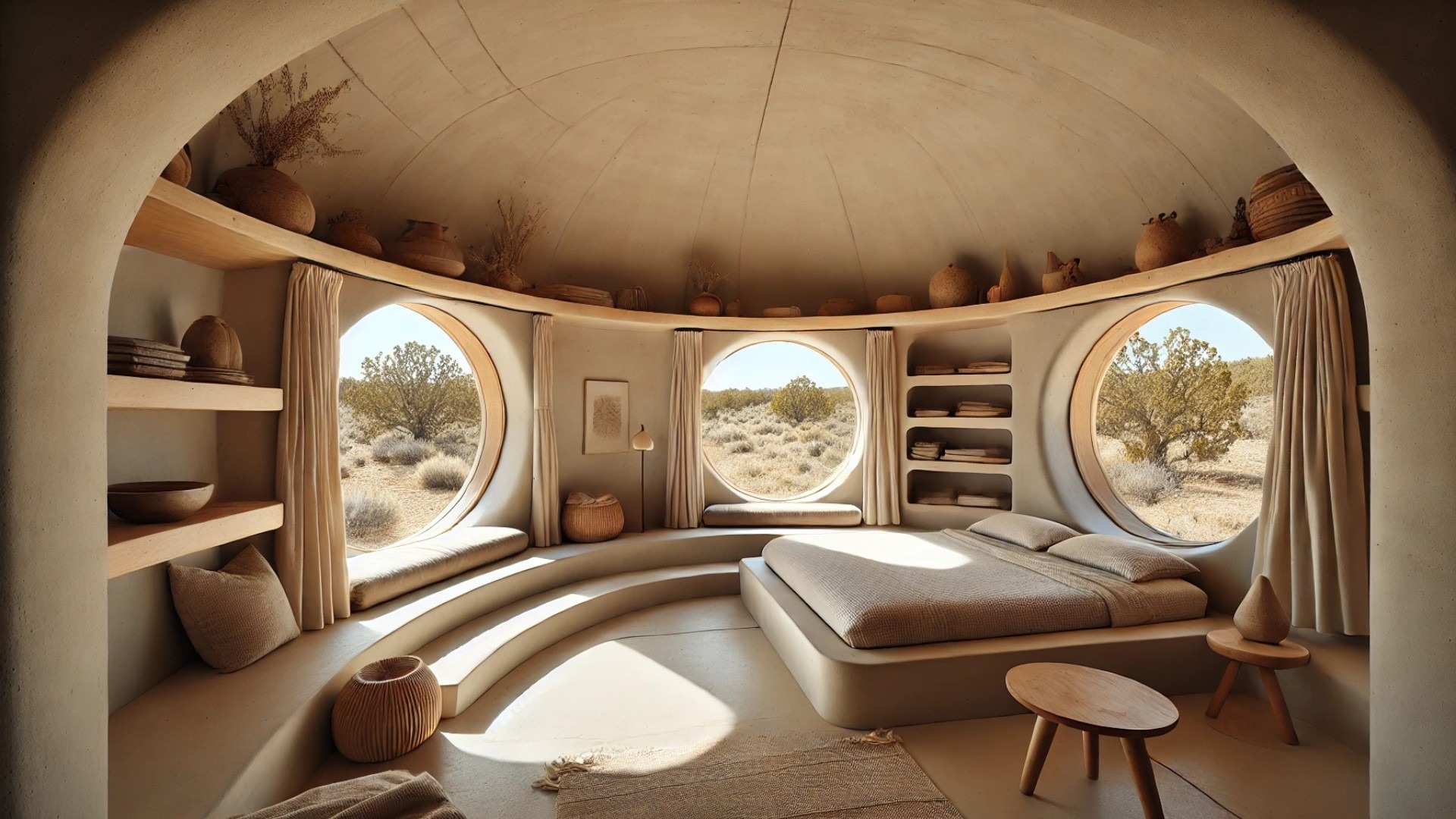bedroom in the Mesa Sky Disk cabin, showcasing its serene, off-grid design with rounded natural forms and expansive desert-facing windows