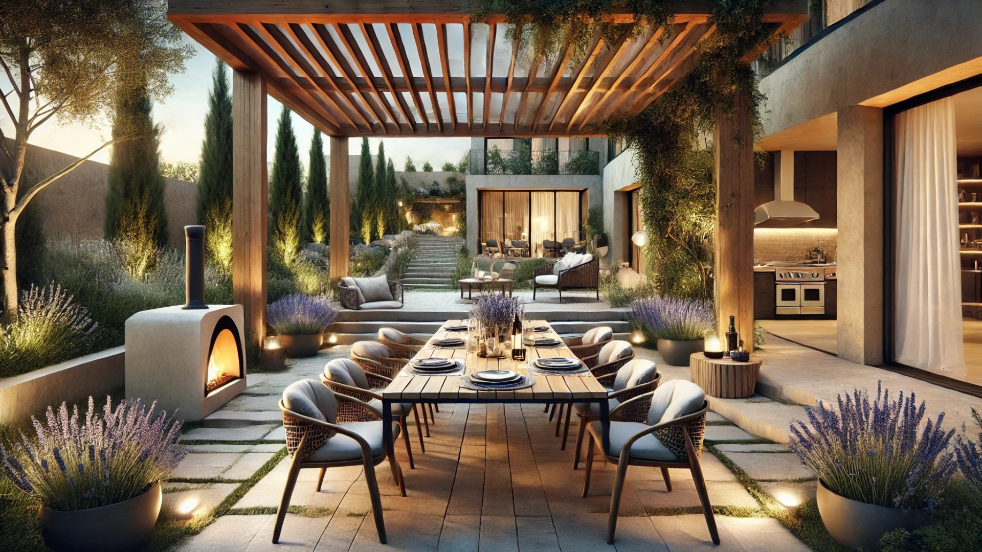 elegant outdoor dining setup, designed to capture the warmth, comfort, and charm of al fresco gatherings