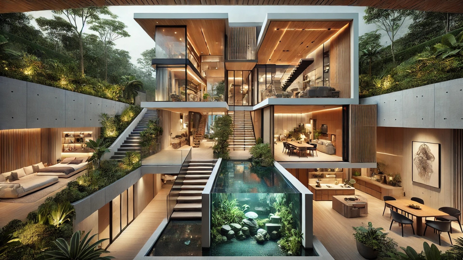 visual walkthrough of Flovik House, capturing its architectural journey from the entry to the rooftop—highlighting tranquil indoor-outdoor transitions, elegant materials, and nature-integrated design