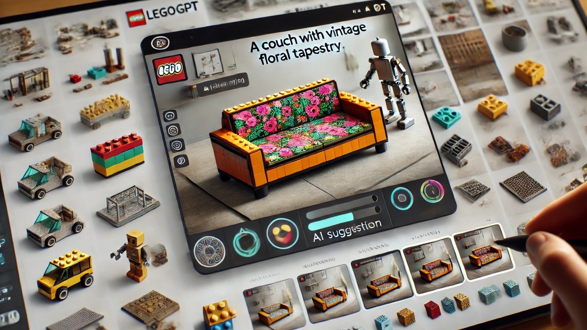 view of the LegoGPT digital interface, showcasing the interactive prompt, 3D model rendering, and AI-guided build steps