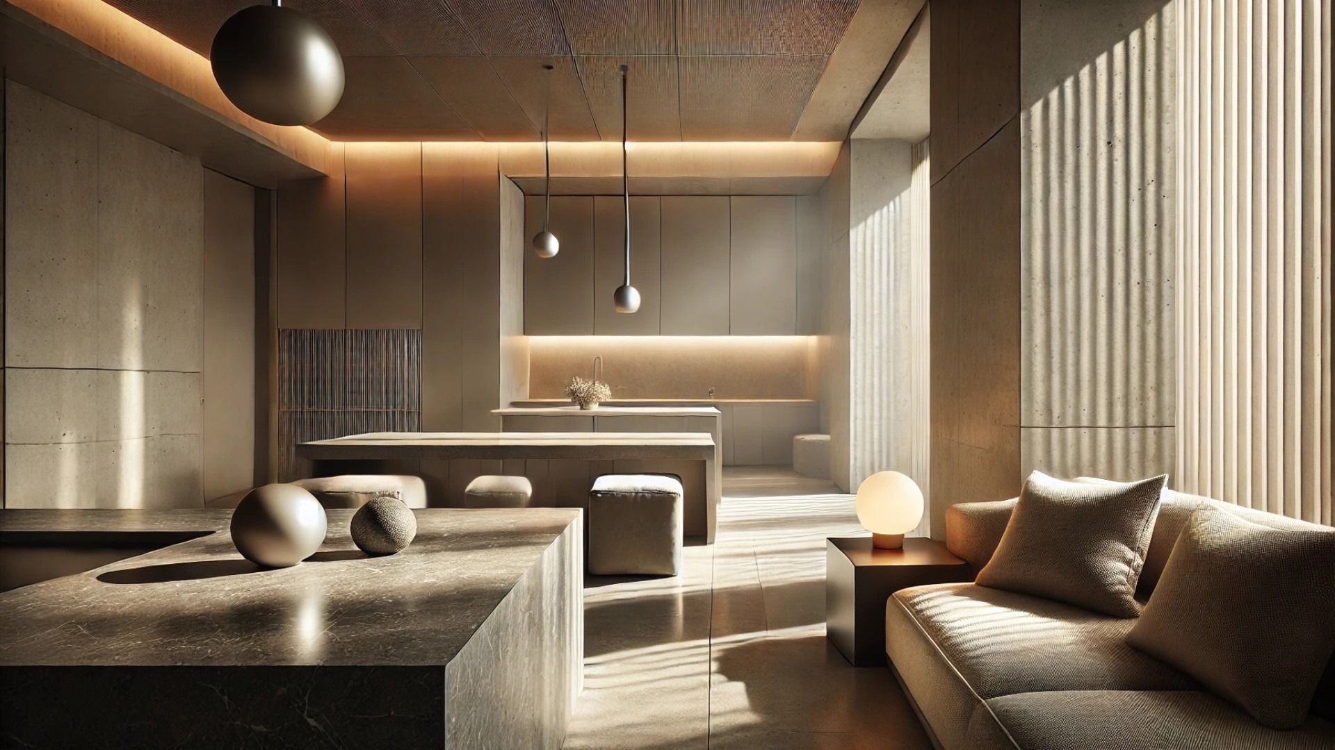 illustration showcasing lighting and material textures in a minimalist jewel box living space