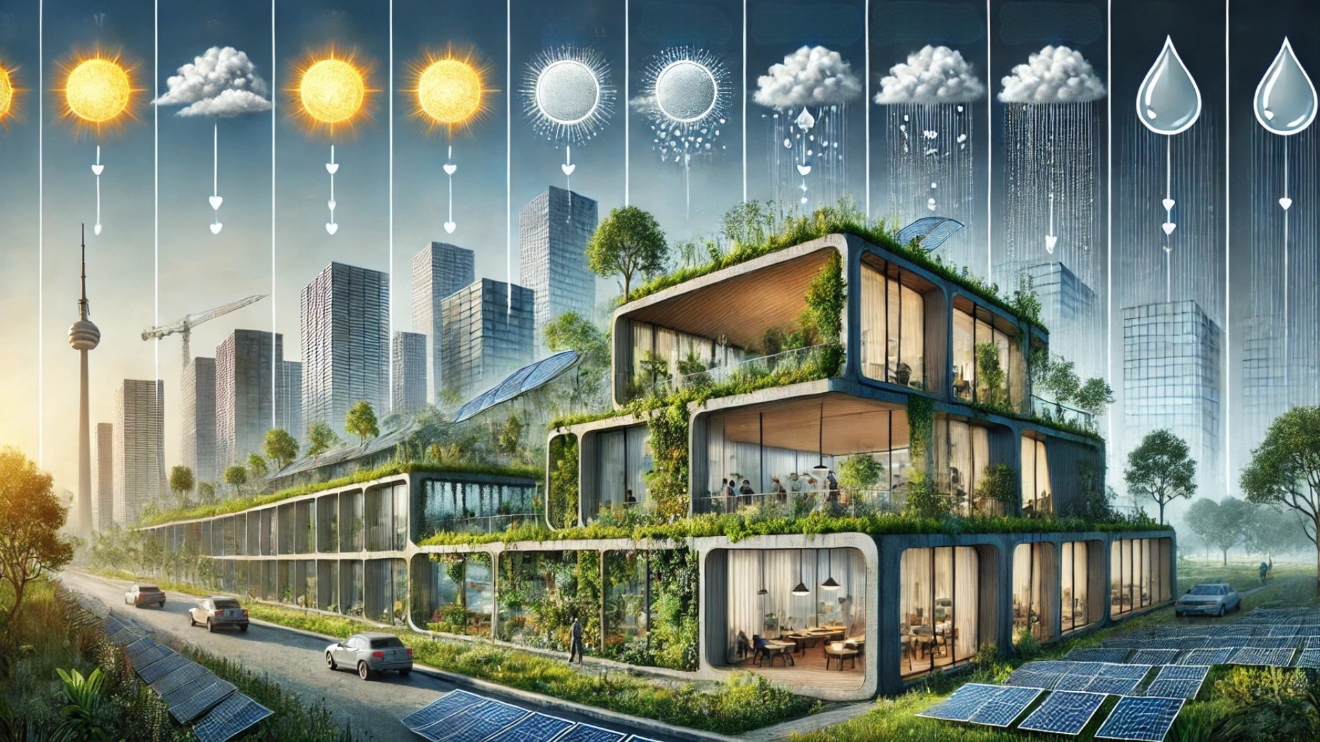 illustration showing how sustainable building elements evolve and function over time—capturing seasonal shifts, daylight cycles, and environmental interactions in a modern public space