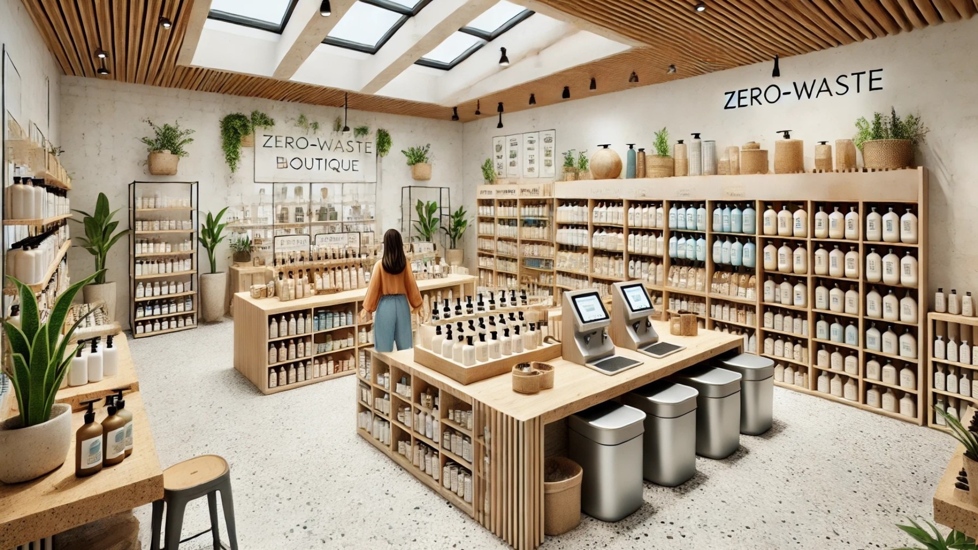 modern zero-waste boutique for sustainable haircare, featuring refill stations, natural materials, and a welcoming community atmosphere