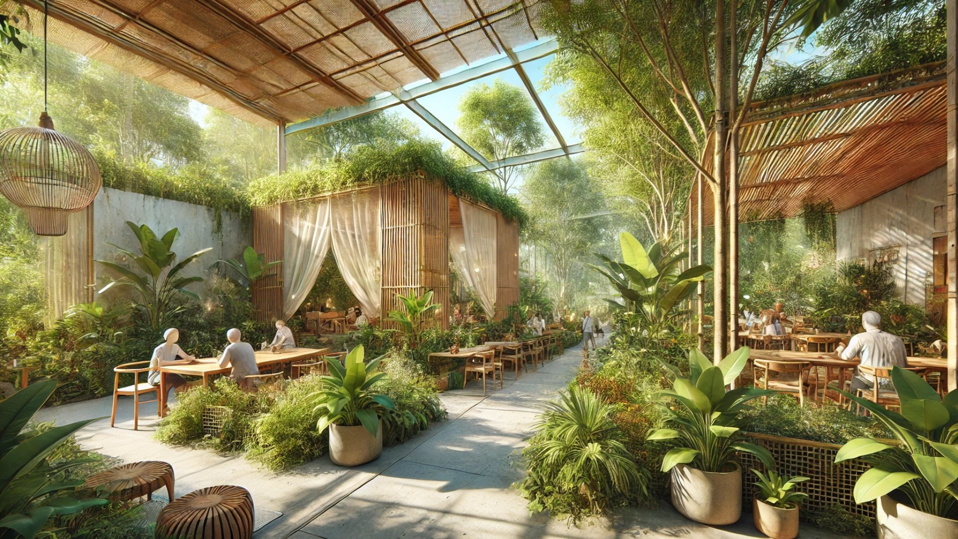 O Plant-based Thao Dien Café, capturing its vibrant, nature-integrated design and serene open-air atmosphere