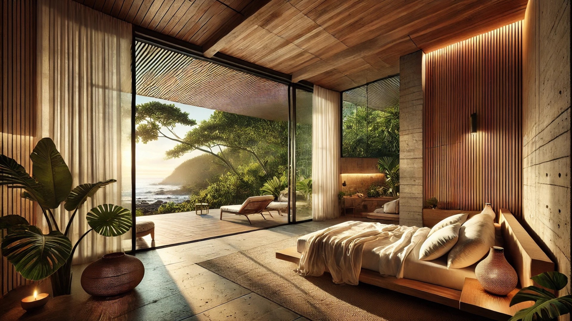 bedroom at Casa Yume, showcasing its serene design and seamless connection to the tropical landscape