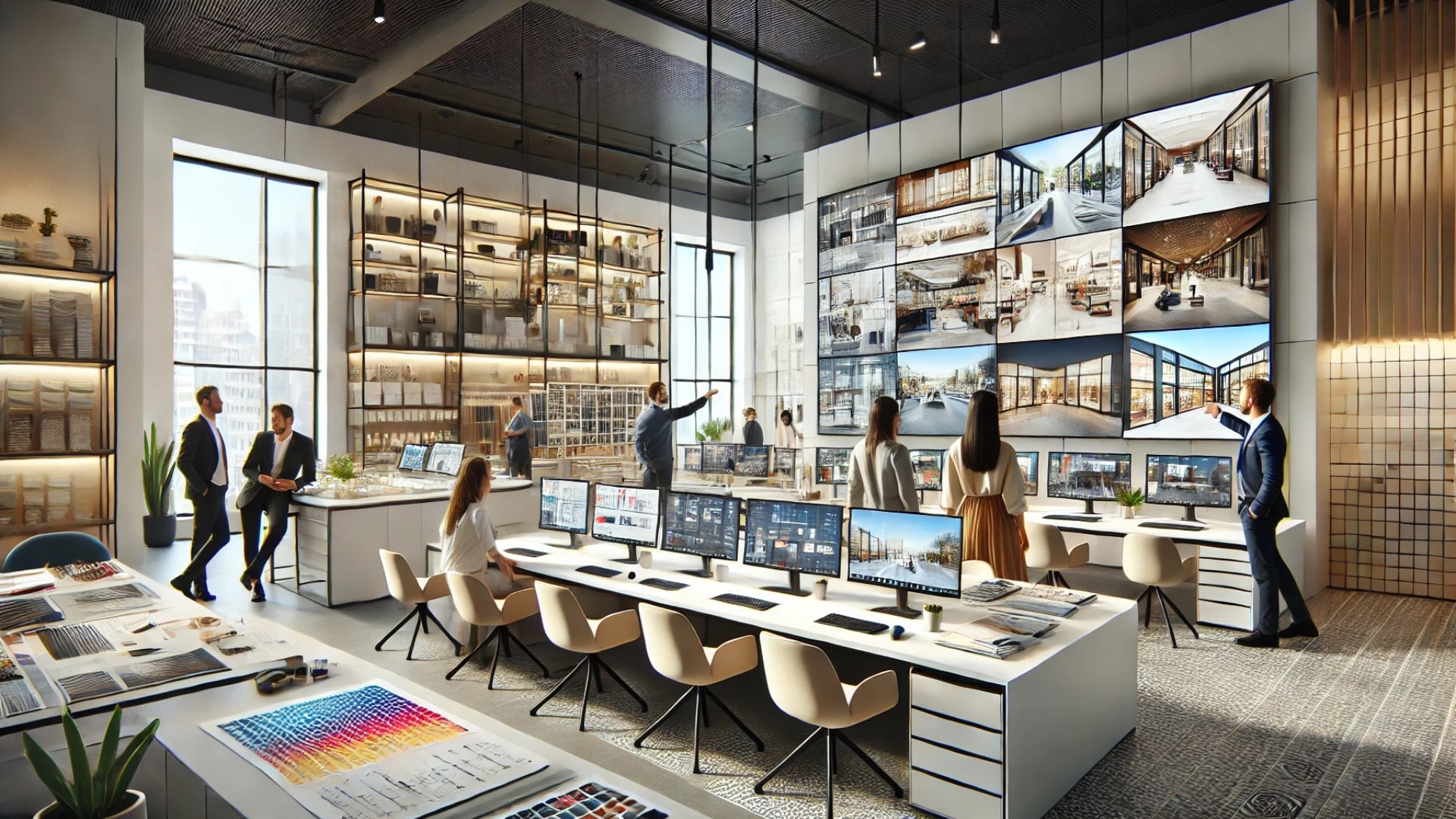 capturing a dynamic retail-focused architecture studio environment, emphasizing collaboration, design innovation, and immersive spatial planning
