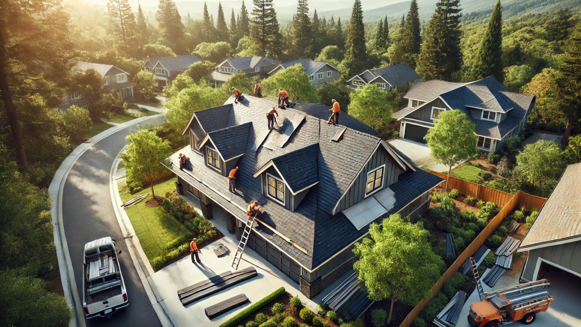 Roofing Companies in Madison TN installing high-end roofing solutions on a suburban house.