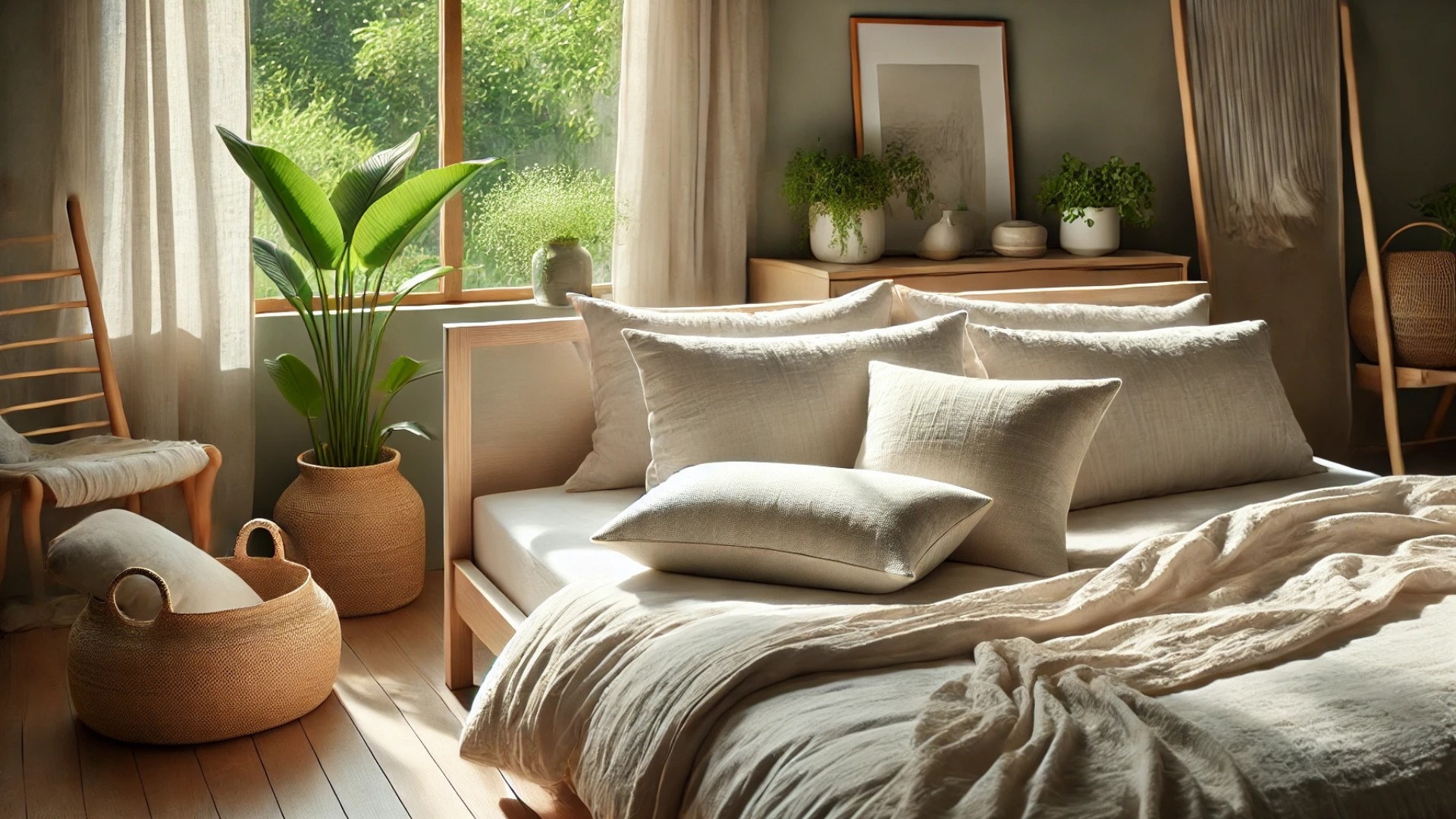 eco-conscious bedroom showcasing organic pillows and sustainable design elements