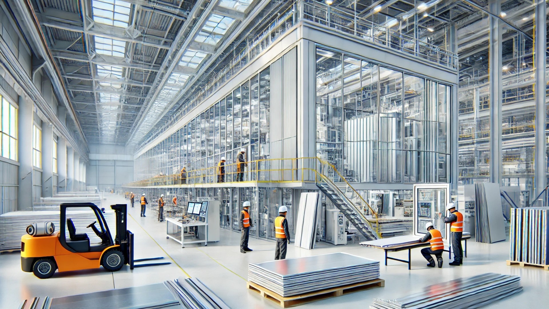 llustration capturing a modern manufacturing facility focused on facade systems, highlighting operational efficiency and leadership