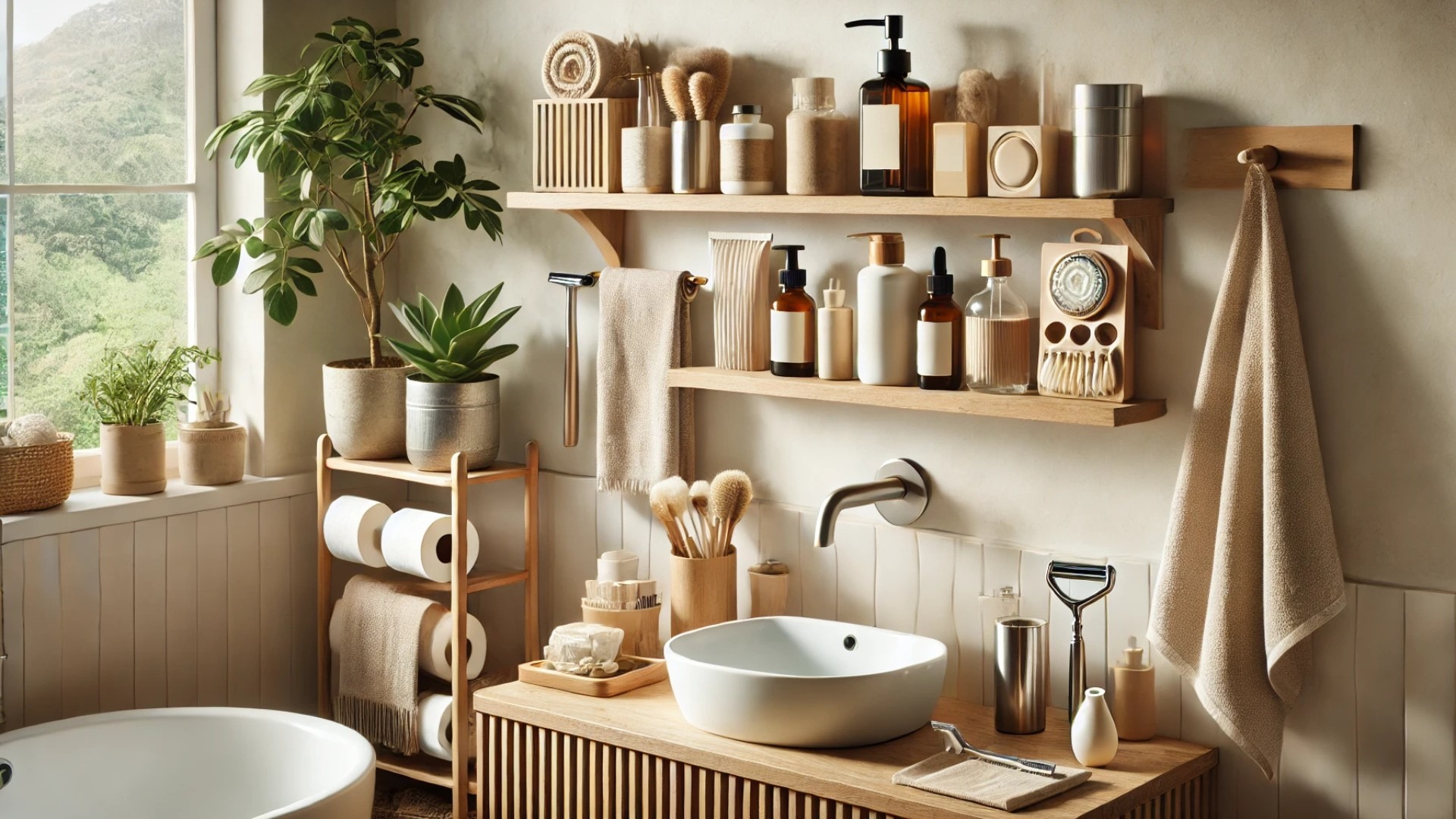serene, plastic-free zero-waste bathroom, designed in a clean, modern style