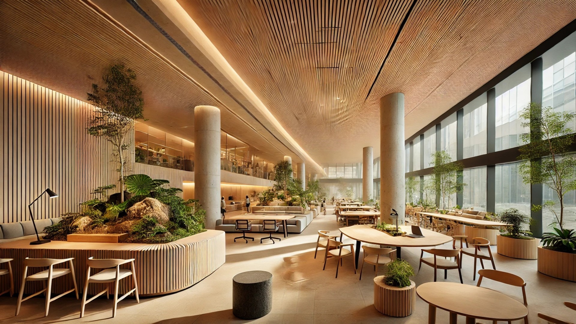 Modern Earth Centric Design Lab interior, emphasizing sustainable materials, natural light, and biophilic design