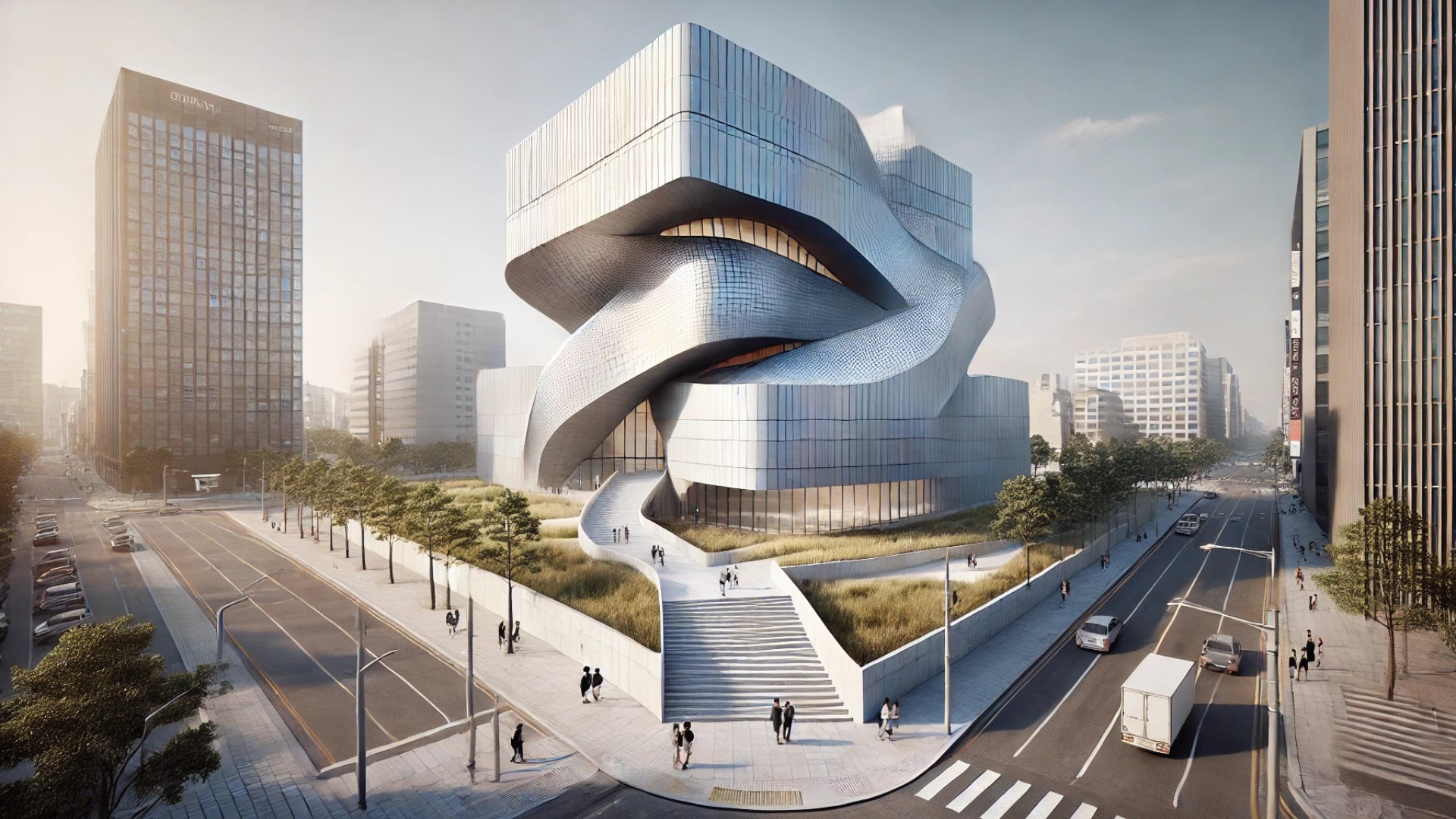 Photography Seoul Museum of Art, highlighting its dynamic, twisting architectural design
