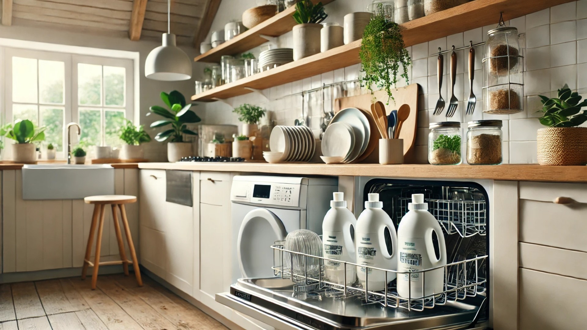 clean, eco-friendly kitchen with sustainable dishwasher products and design elements