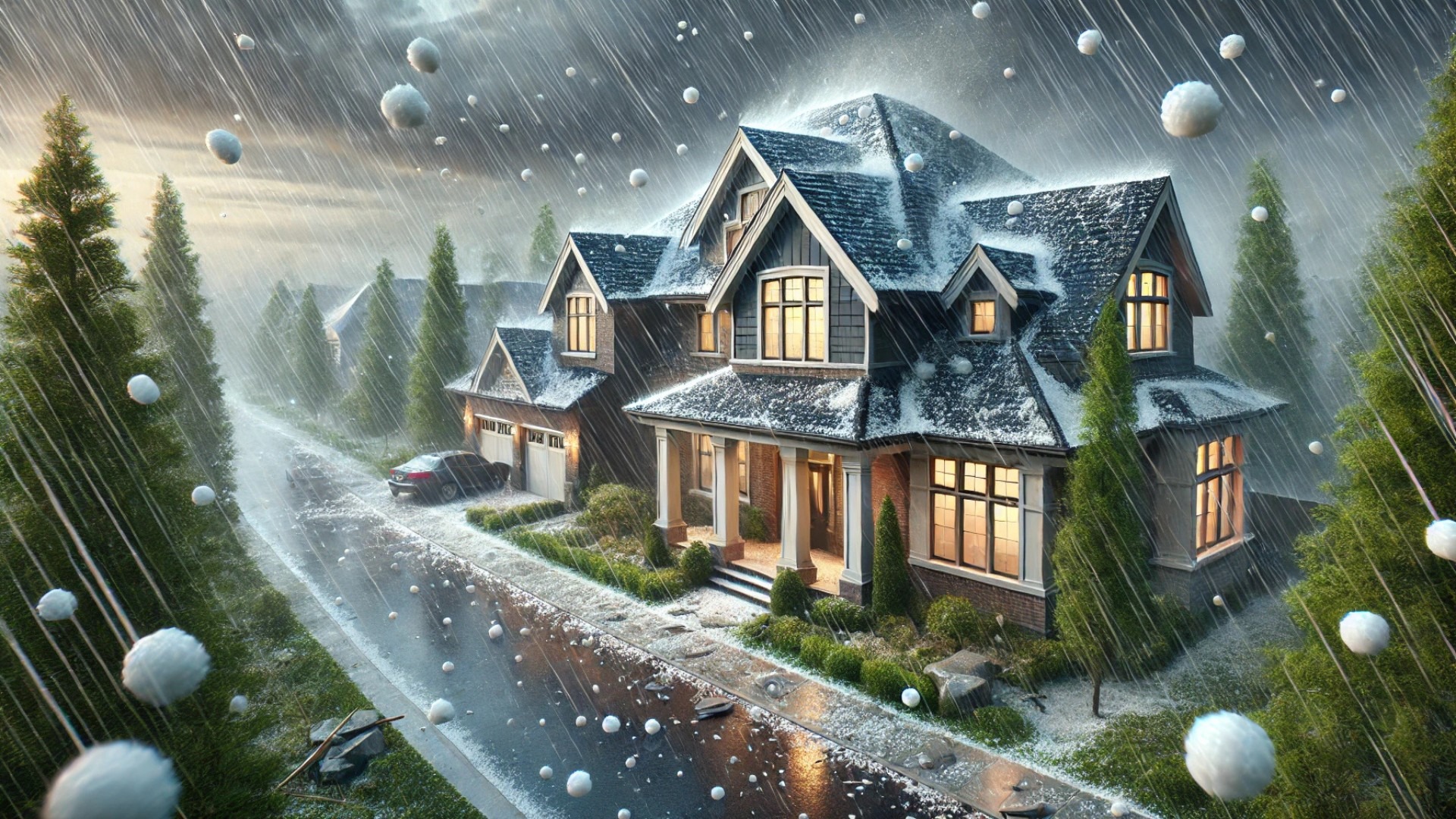 realistic hail impact on a high-end home, with marble-sized hailstones bouncing off the roof and visible damage