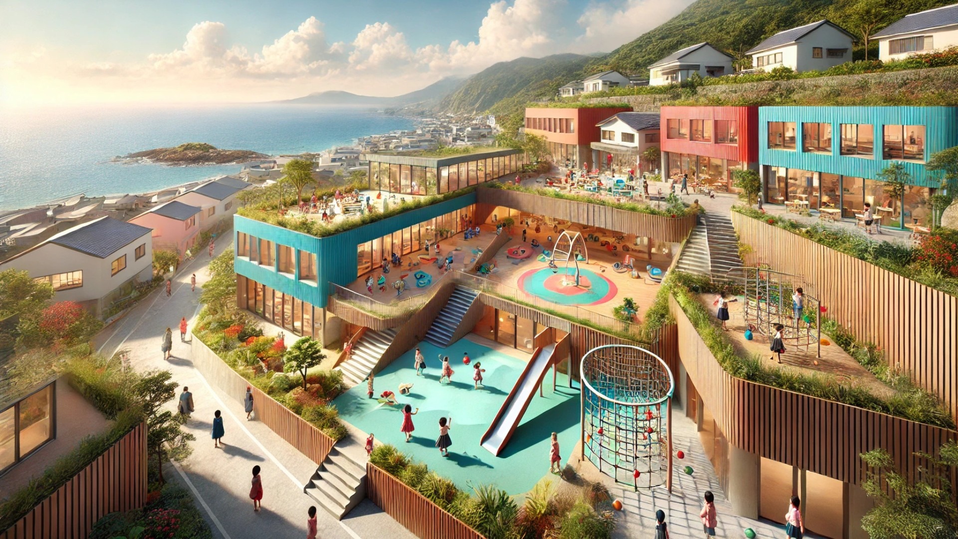 illustration based on the FK Kindergarten in Fukahori, Nagasaki, showcasing its vibrant, terrain-integrated design and playful, educational atmosphere