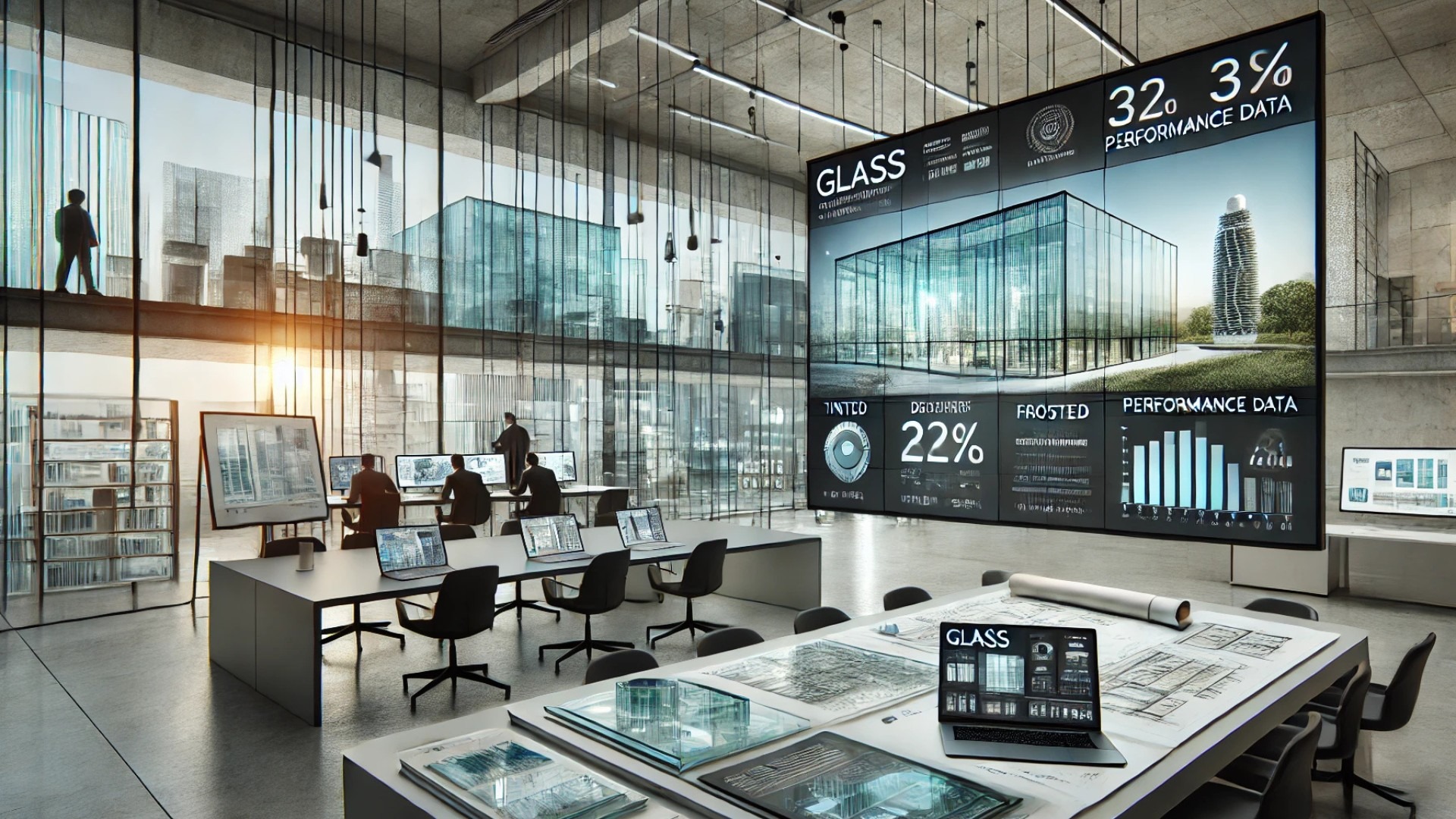 capturing the essence of a high-tech architectural workspace utilizing a mobile app to explore and visualize architectural glass options