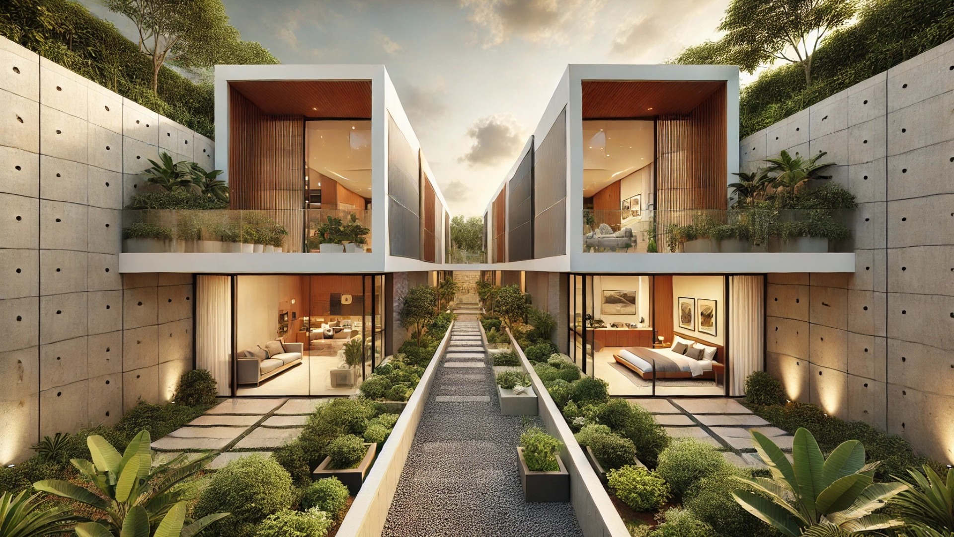 Split House in Bengaluru, reflecting the modern design with a central gravel split, natural materials, and a strong connection to the surrounding landscape