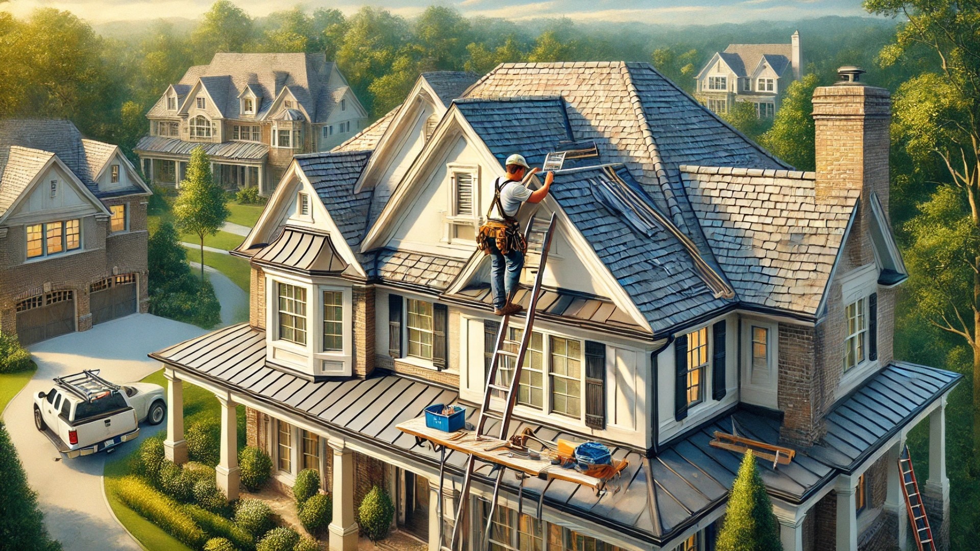 skilled roofing contractor working on an upscale home in Bellevue, TN, highlighting craftsmanship, elegant architecture, and natural surroundings